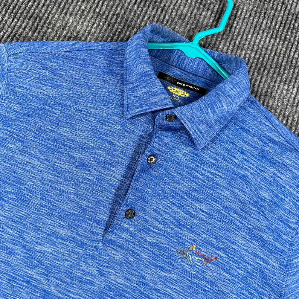 Greg Norman Polo Shirt Mens Medium Blue Solid Short Sleeve Play Dry Golf